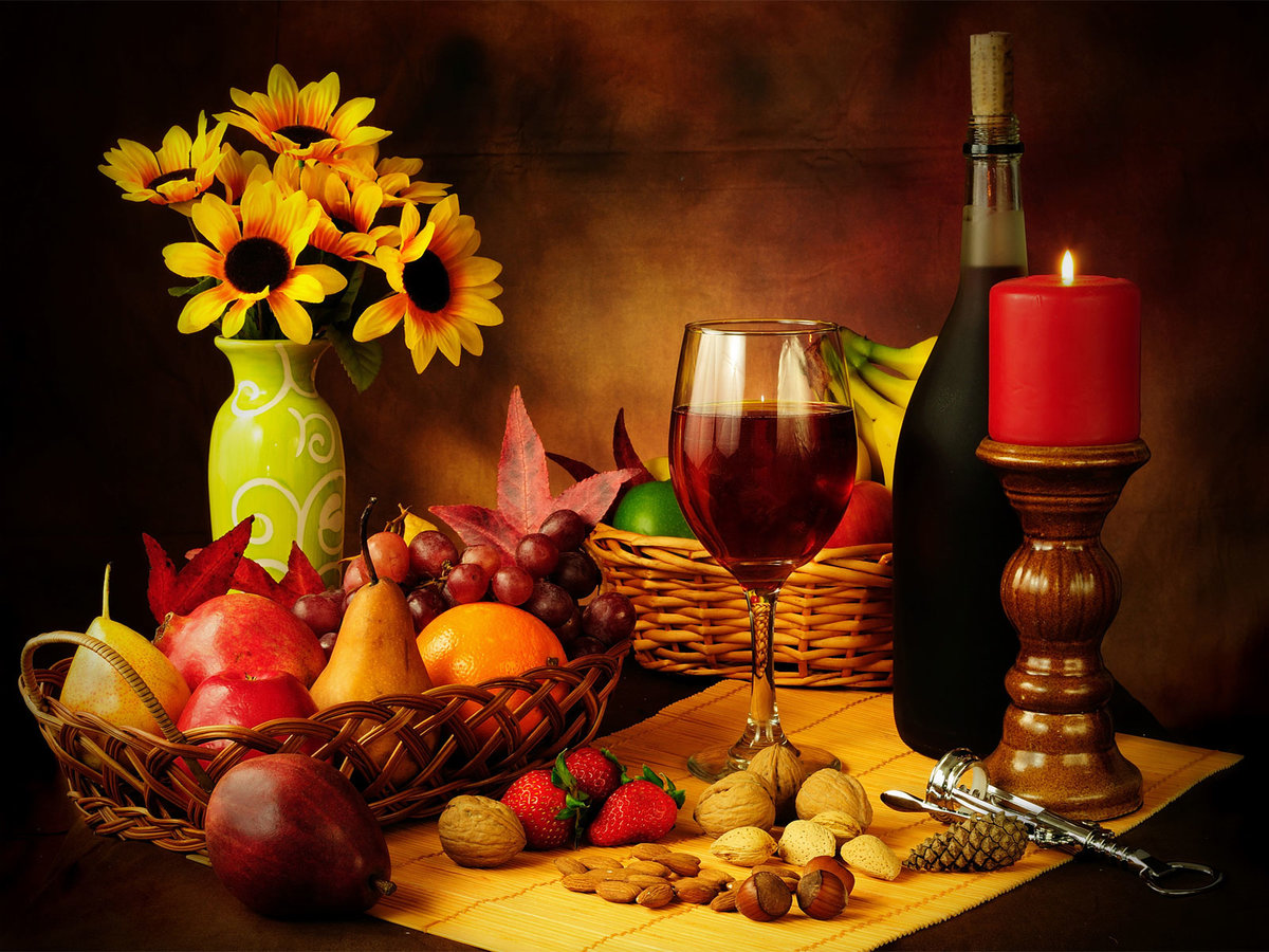 Натюрморт - вино, фрукты, цветы, виноград, натюрморт, свеча, ягоды - оригинал