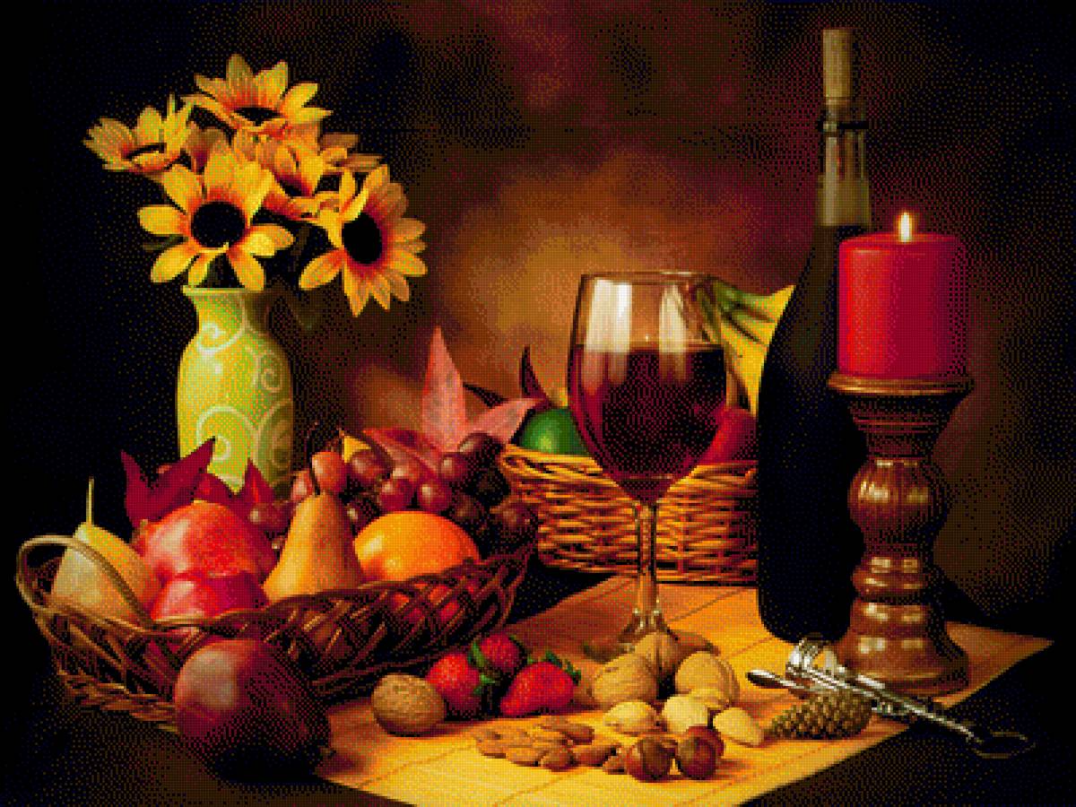 Натюрморт - натюрморт, виноград, ягоды, фрукты, вино, цветы, свеча - предпросмотр