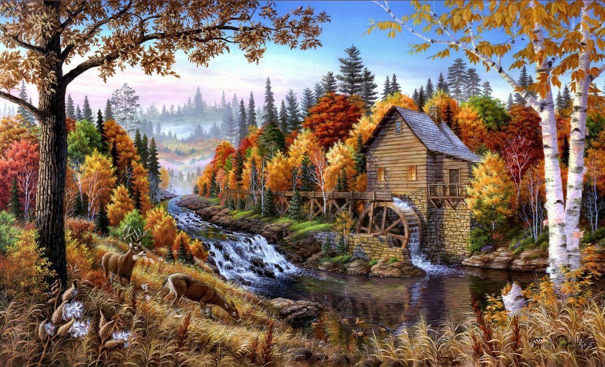 Осенний лес - осень, лес, водяная мельница, пейзаж, олени, река, природа - оригинал
