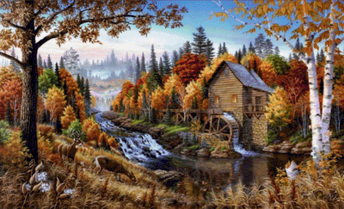 Осенний лес - водяная мельница, река, природа, лес, олени, пейзаж, осень - предпросмотр