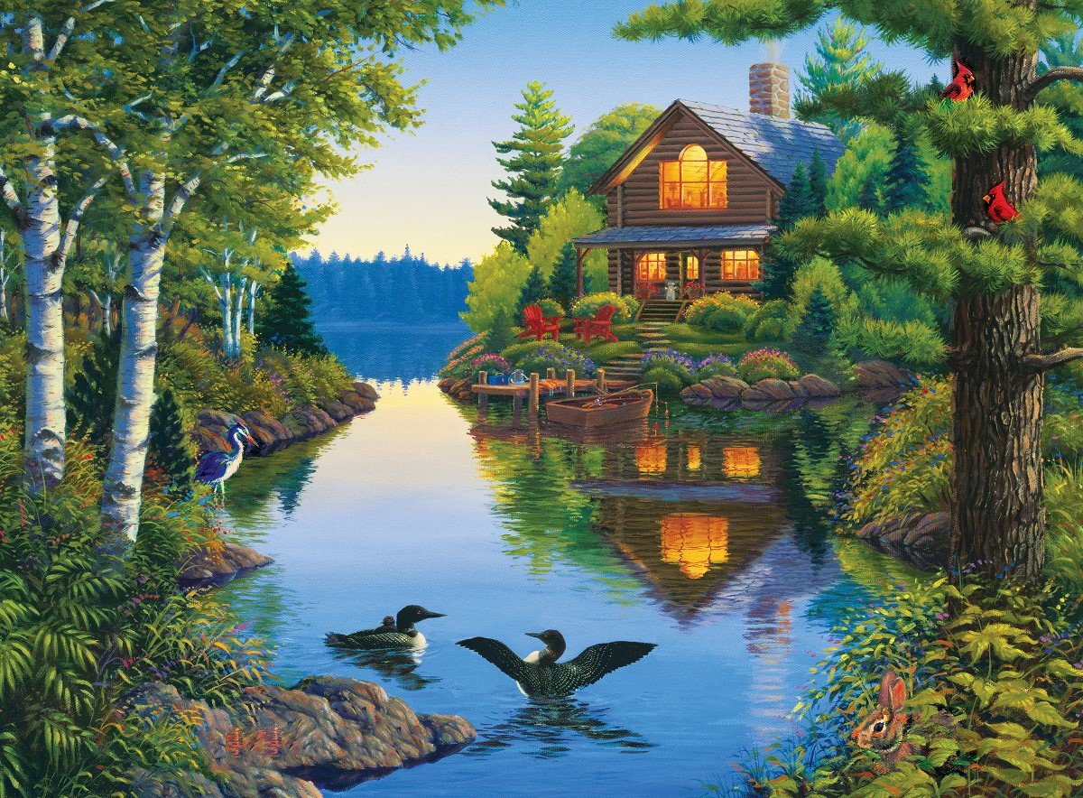 Домик в лесу - дом, природа, живопись, лес, лодка, река, картина, птицы - оригинал