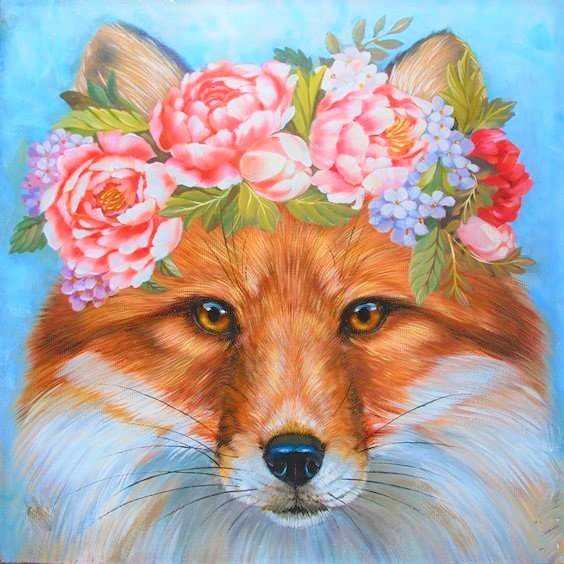 Лисичка - лисичка, цветы, животные, рисунок, лиса - оригинал