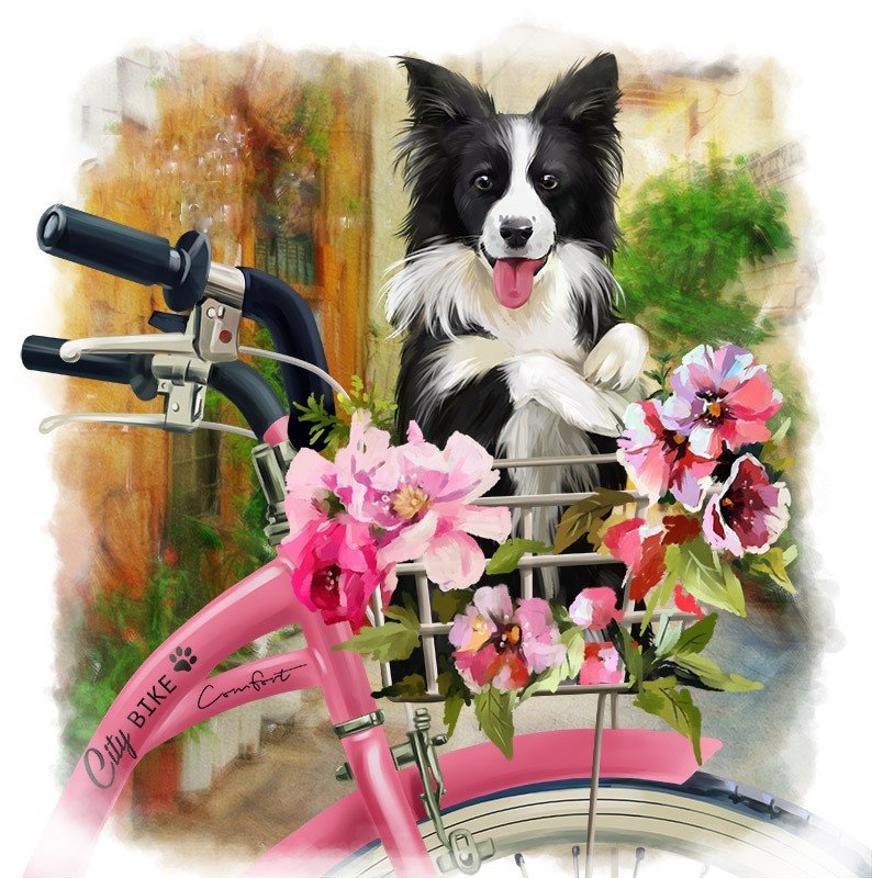 Собачка - животные, велосипед, цветы, рисунок, питомец, собака, друг - оригинал