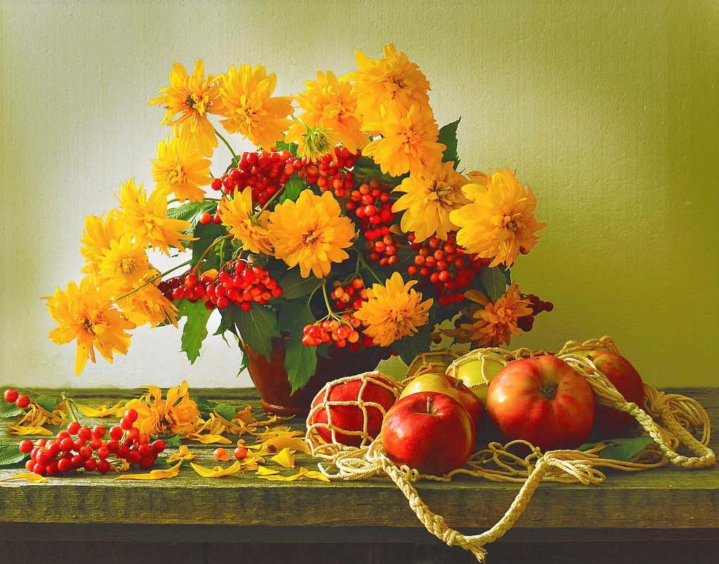 Осенний натюрморт - фрукты, яблоки, букет, цветы, натюрморт - оригинал