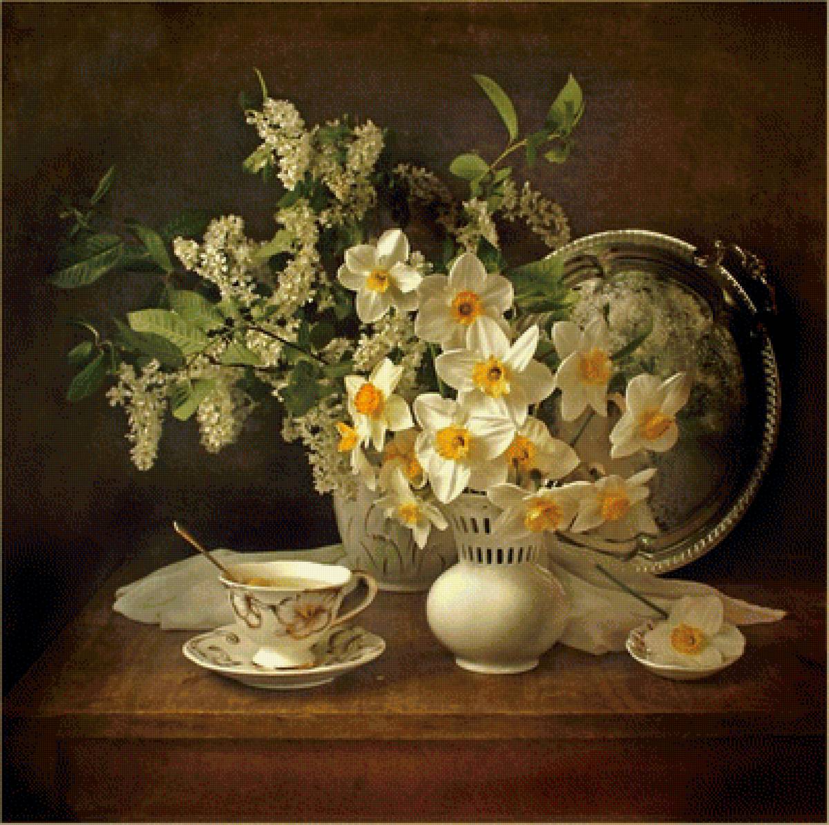 Нарциссы и белая сирень - ваза, цветы, стол - предпросмотр