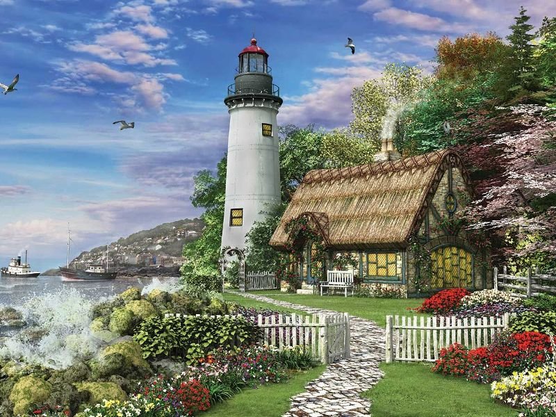 Маяк - цветы, дом, пейзаж, картина, маяк, море, природа - оригинал