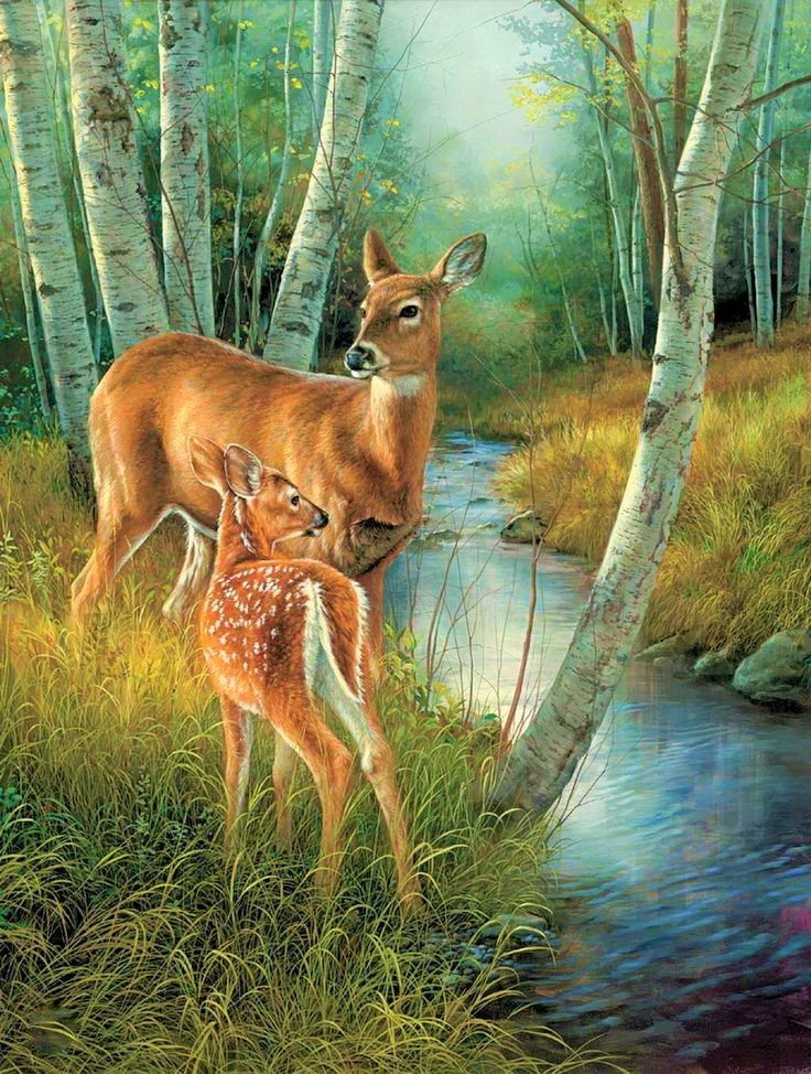 Олени у ручья - животные, лес, олени, живопись, природа, ручей, пейзаж - оригинал