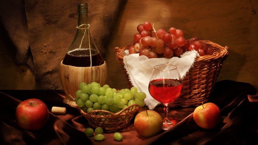 Натюрморт - бокал, фрукты, натюрморт, вино, виноград - оригинал
