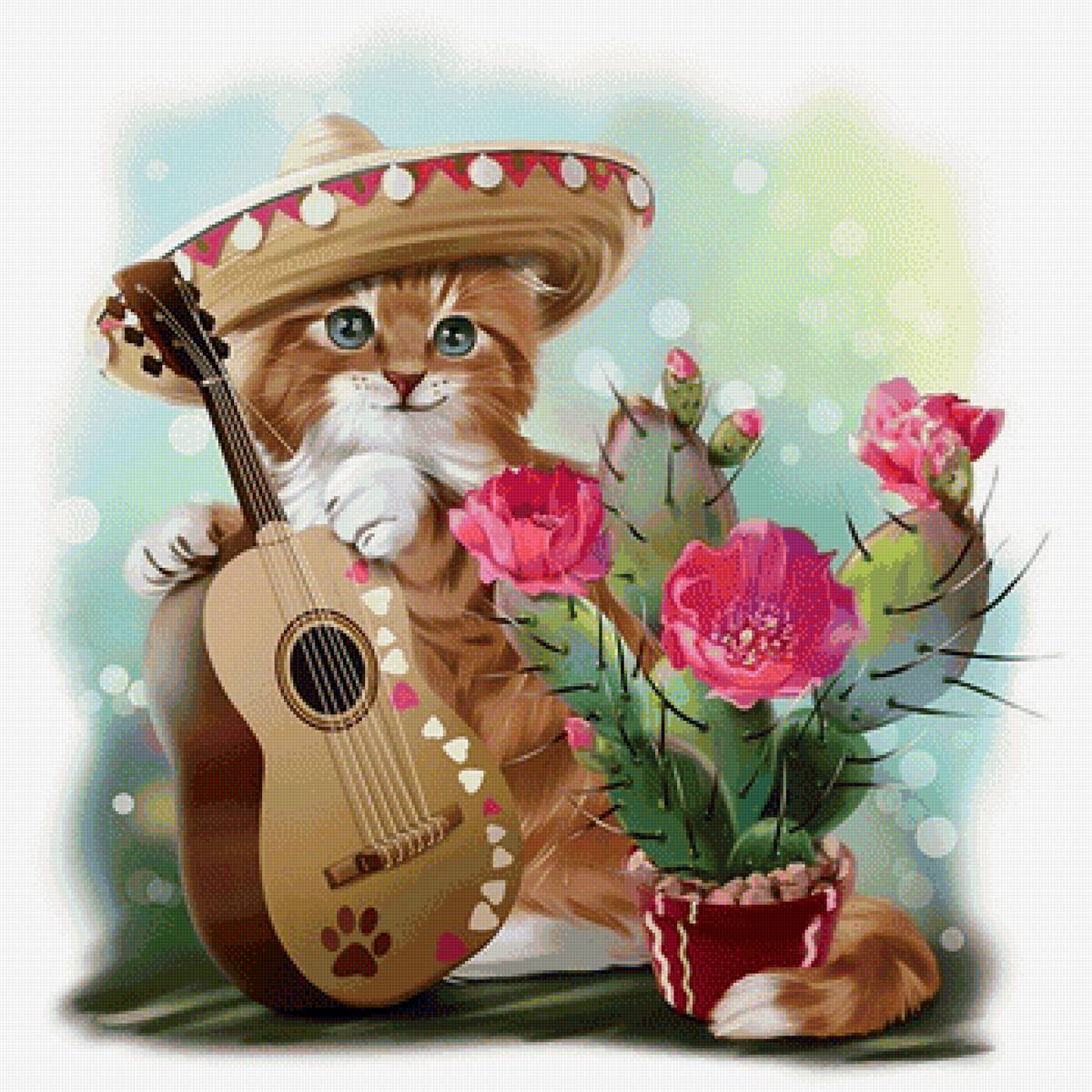 Котик-мексиканец - кот, рисунок, животные, котенок, котик, гитара, кактус - предпросмотр