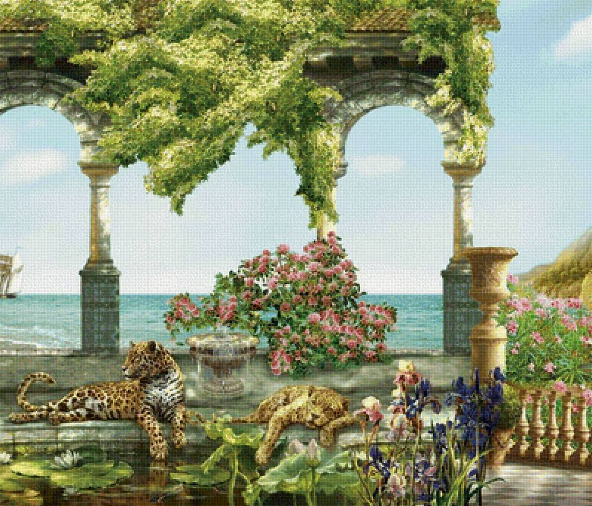 Триптих "Морской пейзаж". Часть 2 - природа, леопарды, лето, цветы, море, пейзаж, корабль - предпросмотр