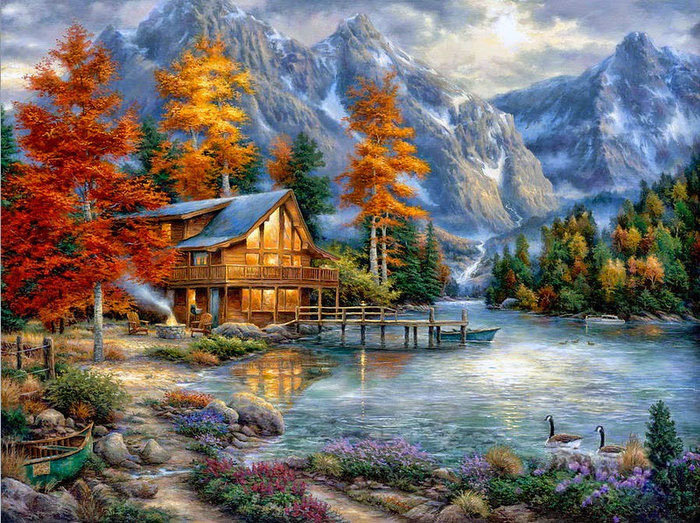 Горный пейзаж - горы, озеро, дом, природа - оригинал