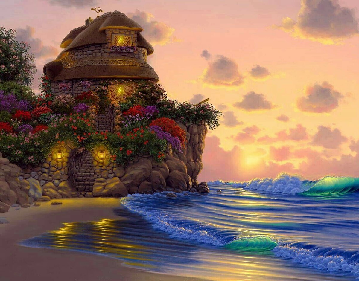 Домик у моря - дом, волны, природа, цветы, пейзаж, вечер, море, домик - оригинал