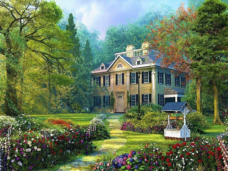 Загородный дом - пейзаж, цветы, дом, природа, лес - оригинал