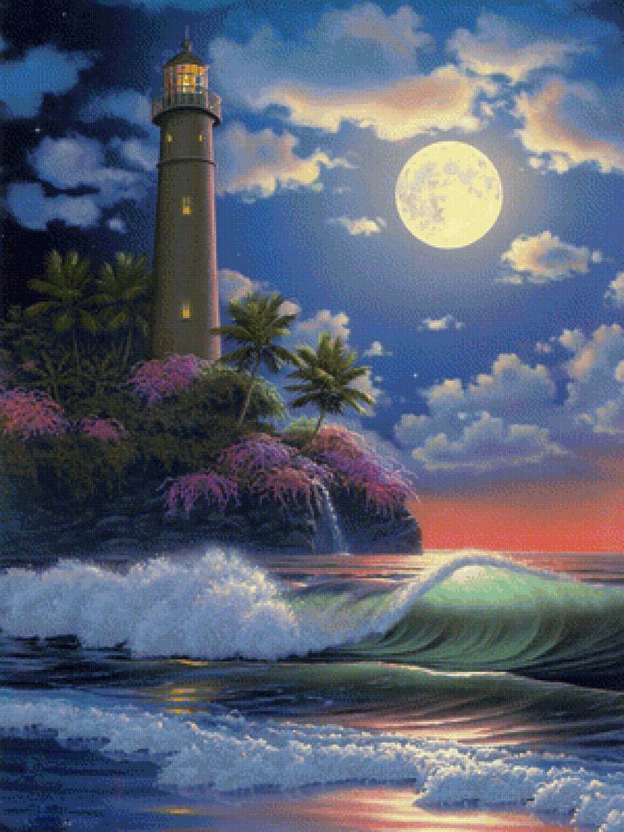 Маяк - природа, луна, волны, пейзаж, ночь, картина, маяк, море - предпросмотр