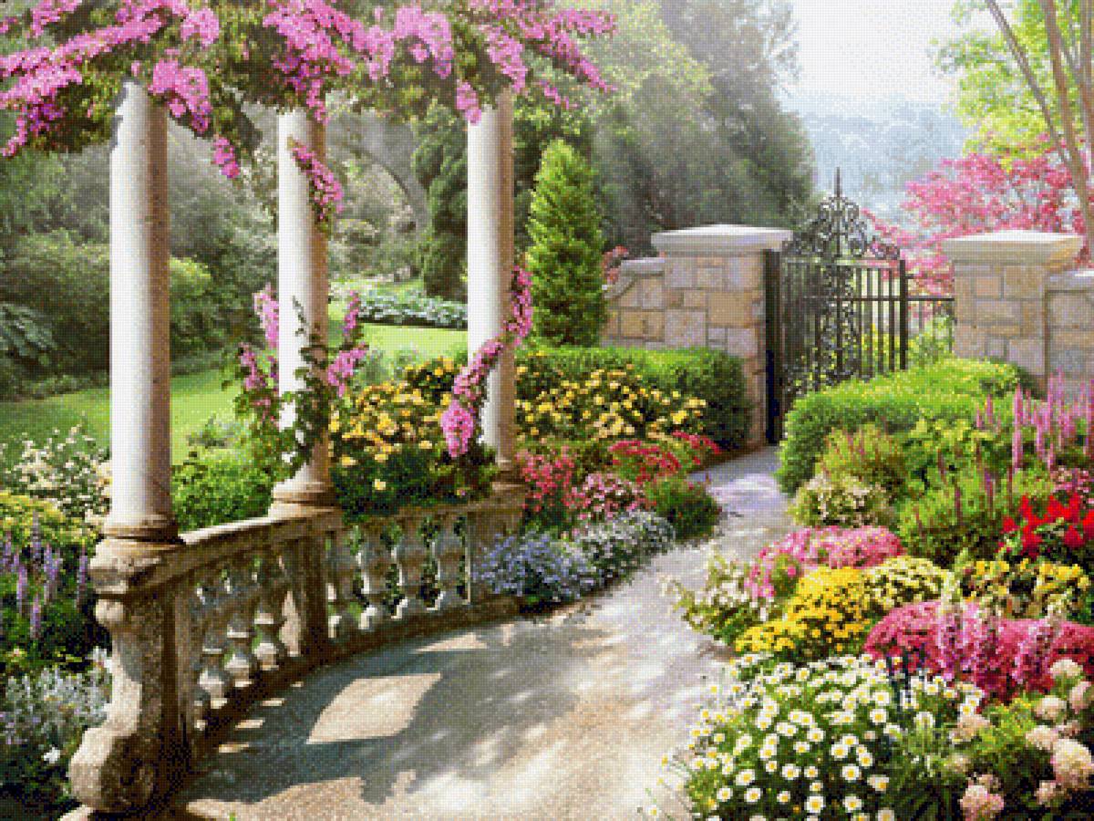 Цветущий сад - лето, пейзаж, сад, природа, калитка, цветы - предпросмотр