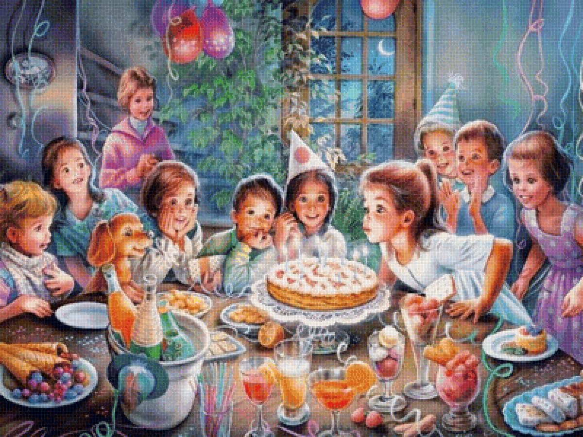 День рождения - торт, свечи, дети, стол - предпросмотр