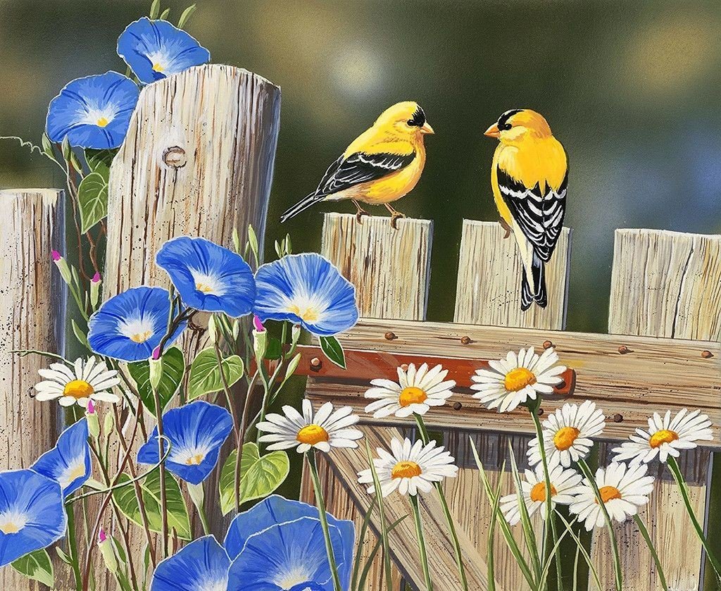 Птички - рисунок, птицы, цветы, птички - оригинал