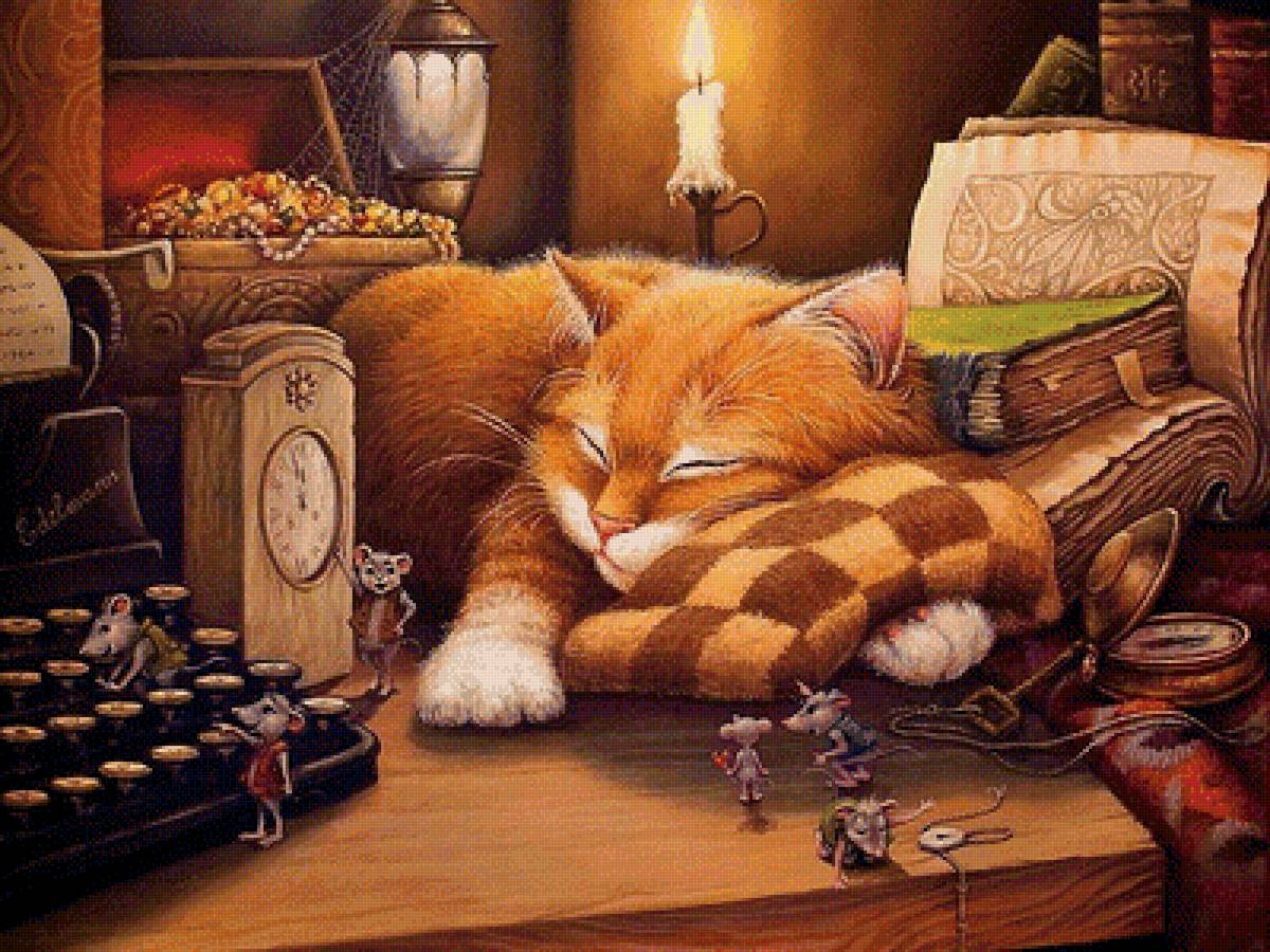 Спящий котик - кот, котик, мышки, животные, книги, рисунок - предпросмотр
