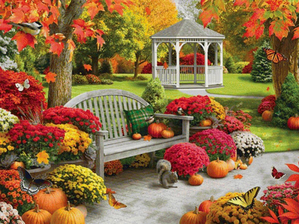 Беседка в саду - бабочки, природа, беседка, цветы, сад, скамейка, осень - предпросмотр