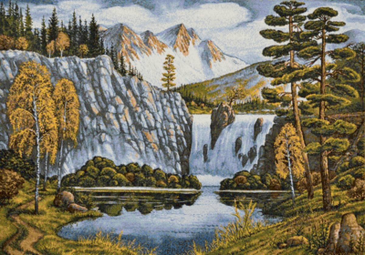 Горный пейзаж - водопад, река, осень, горы - предпросмотр