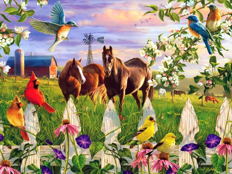 Птички - птицы, цветы, лошади, природа, рисунок, птички - оригинал