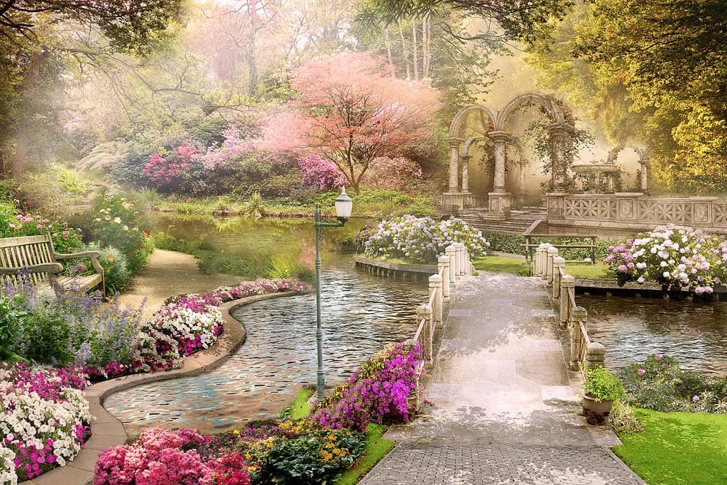 Цветущий сад - скамейка, пруд, цветы, лето, природа, сад, пейзаж - оригинал