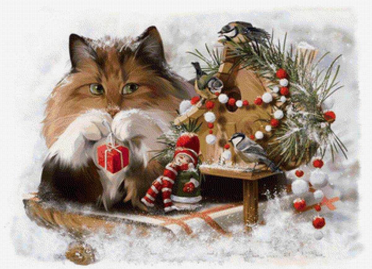 Котик - птицы, синички, снег, птички, рисунок, котик, кот, животные - предпросмотр