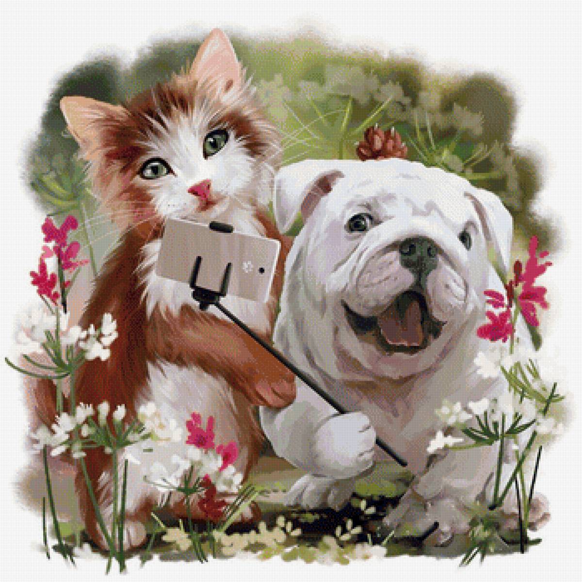 Друзья - пес, котик, цветы, рисунок, животные, собака, кот - предпросмотр