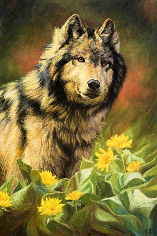 Волк - рисунок, волк, цветы, животные - оригинал
