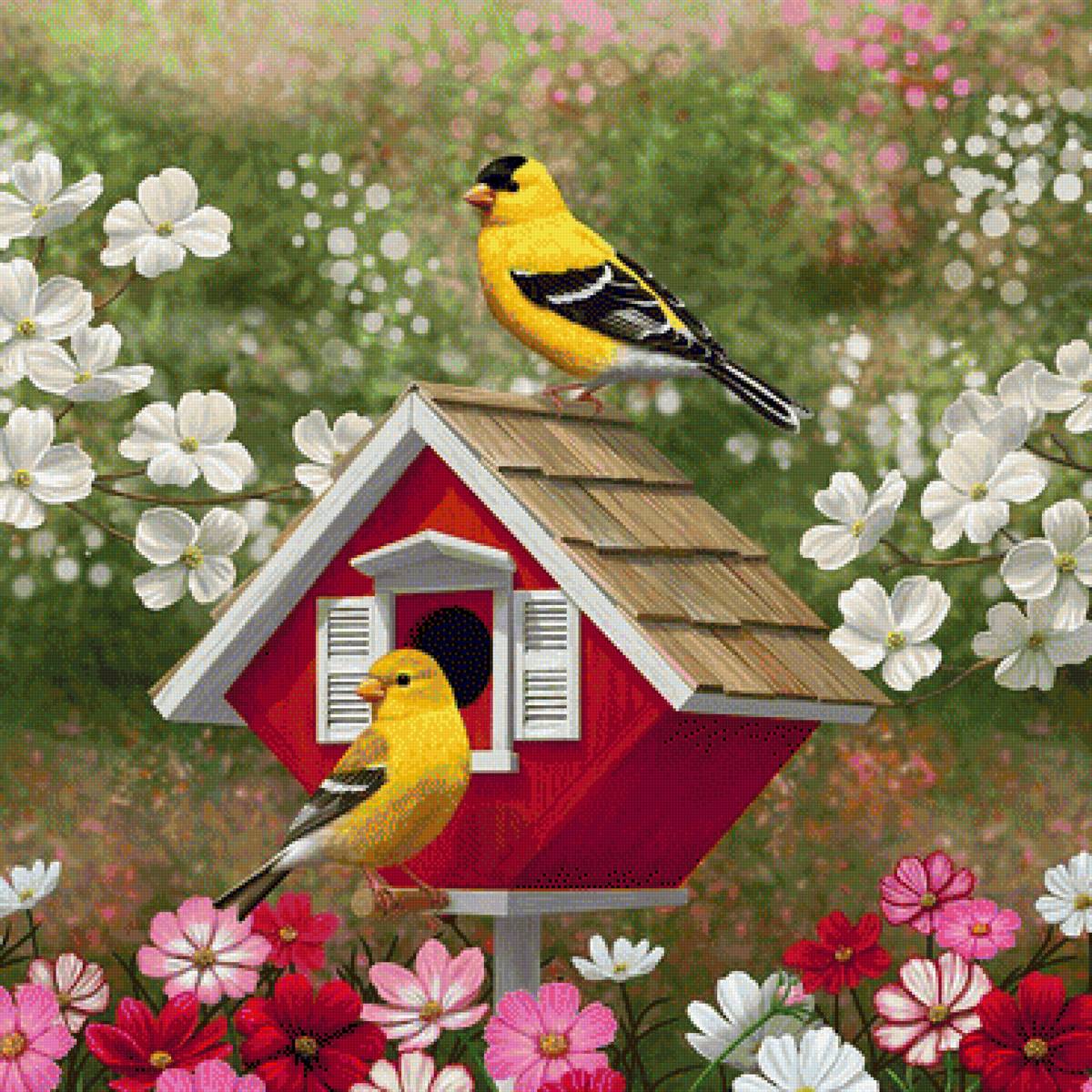 Птички - рисунок, птички, птицы, цветы, лето - предпросмотр