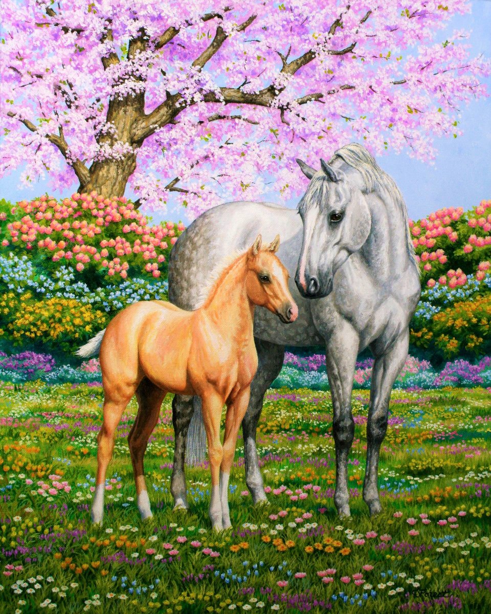 Лошади - рисунок, лошади, лошадь, цветы, животные, лето - оригинал
