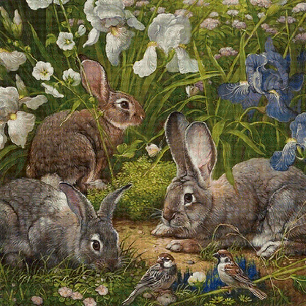 Кролики - кролик, рисунок, кролики, цветы, птички, воробьи, животные - предпросмотр