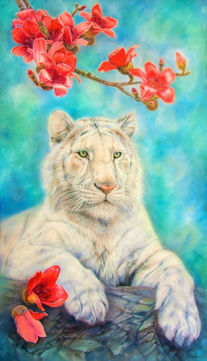 Белый тигр - цветы, животные, рисунок, тигр - оригинал
