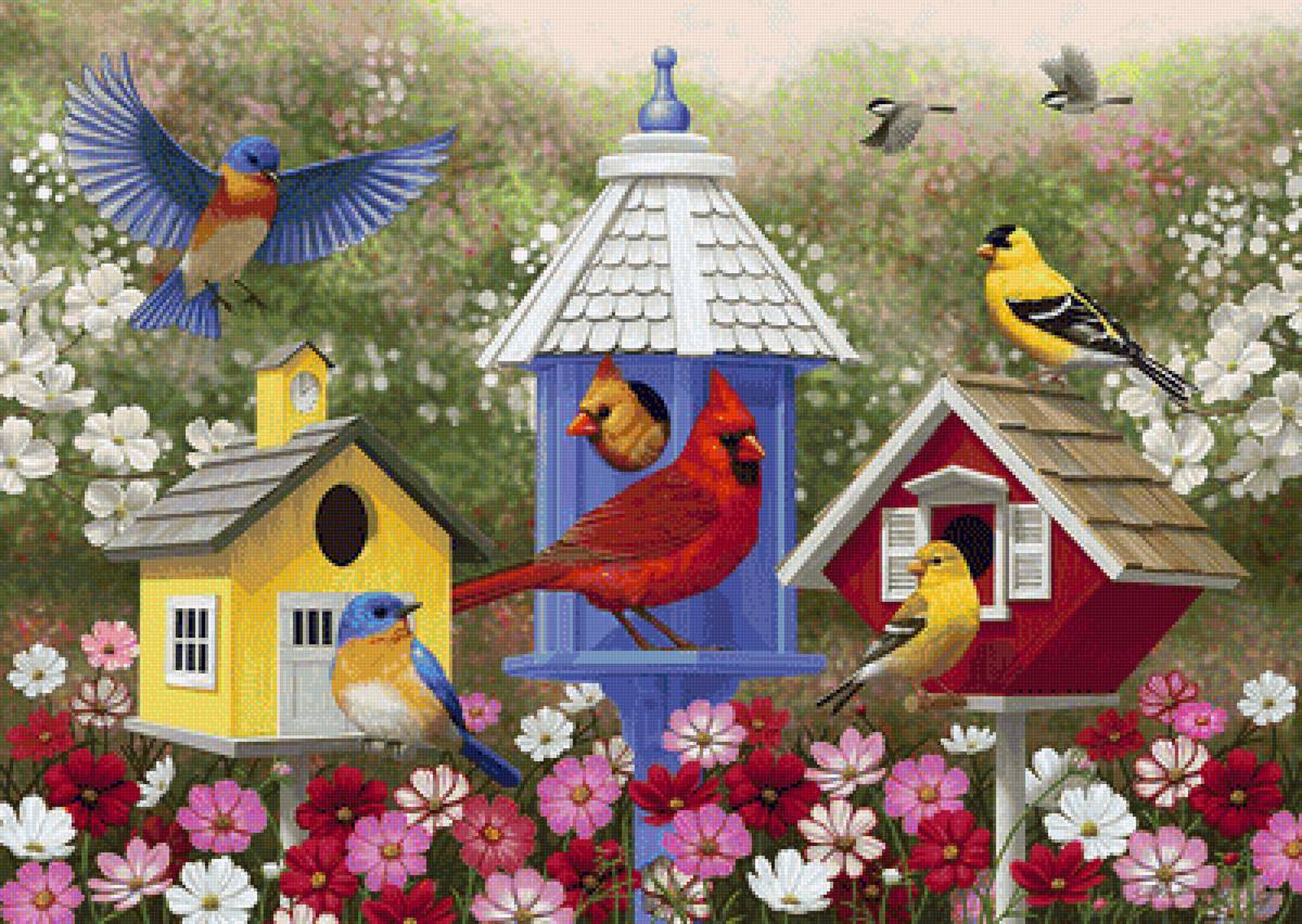Яркие птички - птички, лето, природа, птицы, рисунок, цветы - предпросмотр