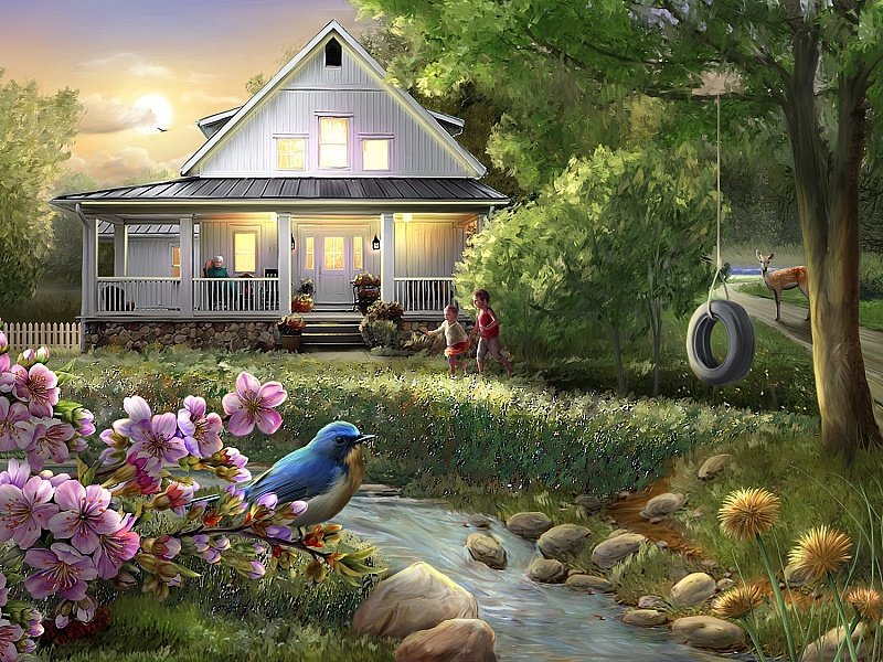Домик у ручья - домик, олень, дом, весна, пейзаж, природа, ручей, птичка - оригинал