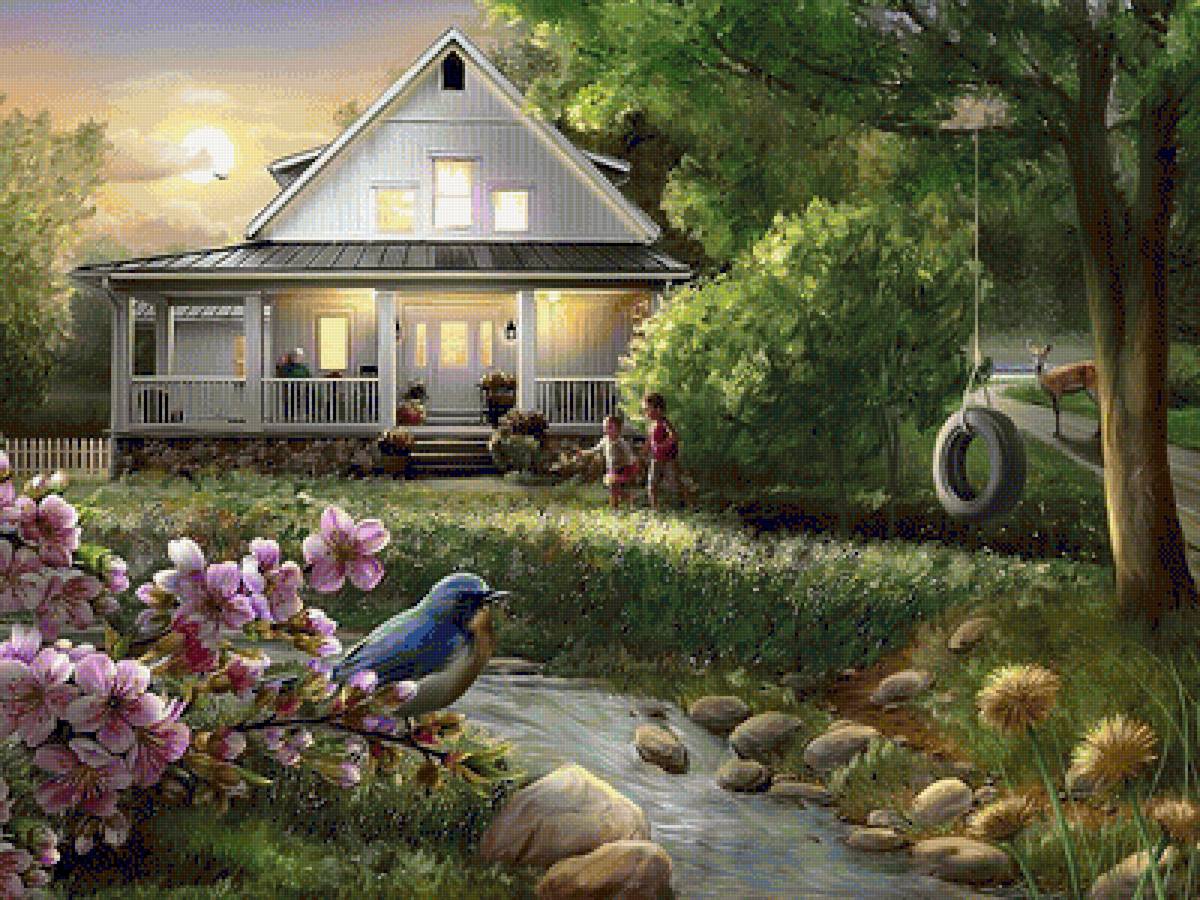 Домик у ручья - птичка, природа, домик, пейзаж, дом, ручей, весна, олень - предпросмотр