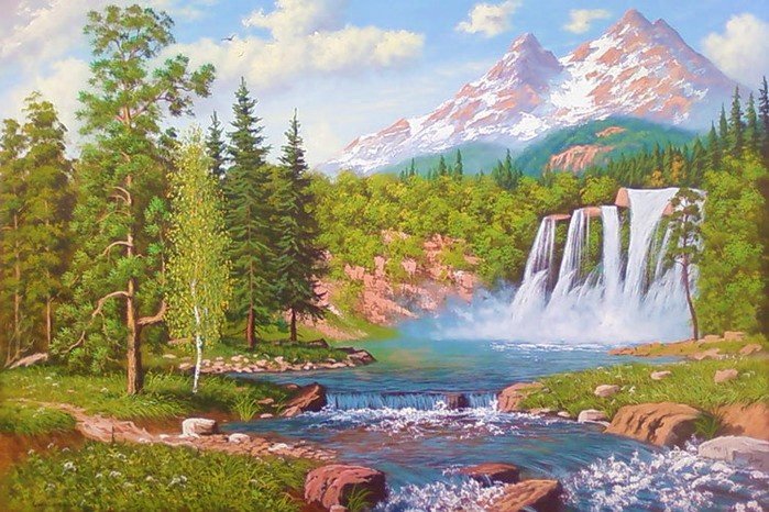 Горный водопад - природа, лето, лес, водопад, горы, пейзаж, река - оригинал
