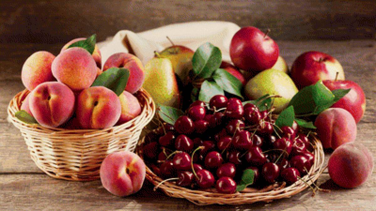 Фрукты - персики, яблоки, вишня, натюрморт, фрукты - предпросмотр