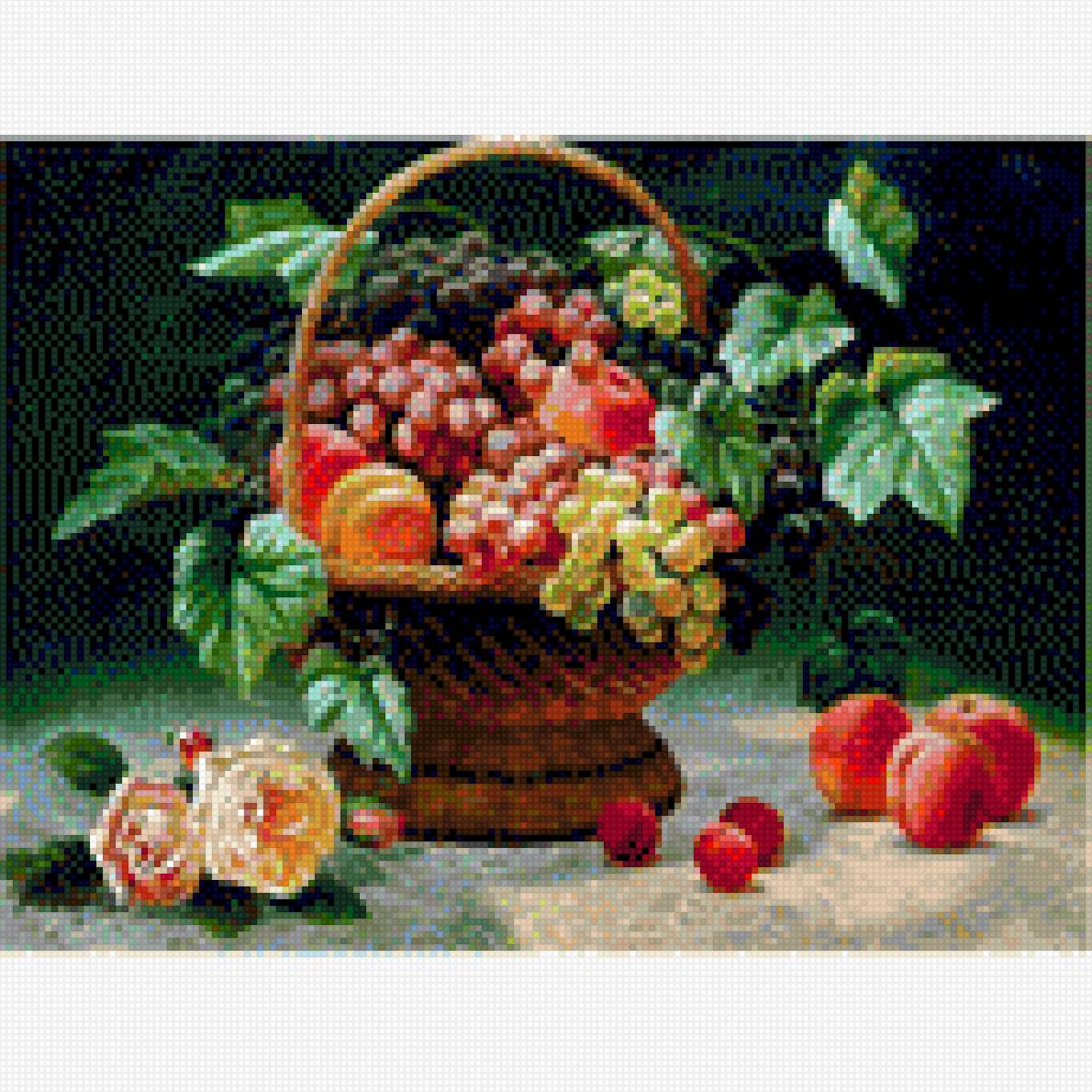 Натюрморт - фрукты, персики, розы, корзина, виноград - предпросмотр