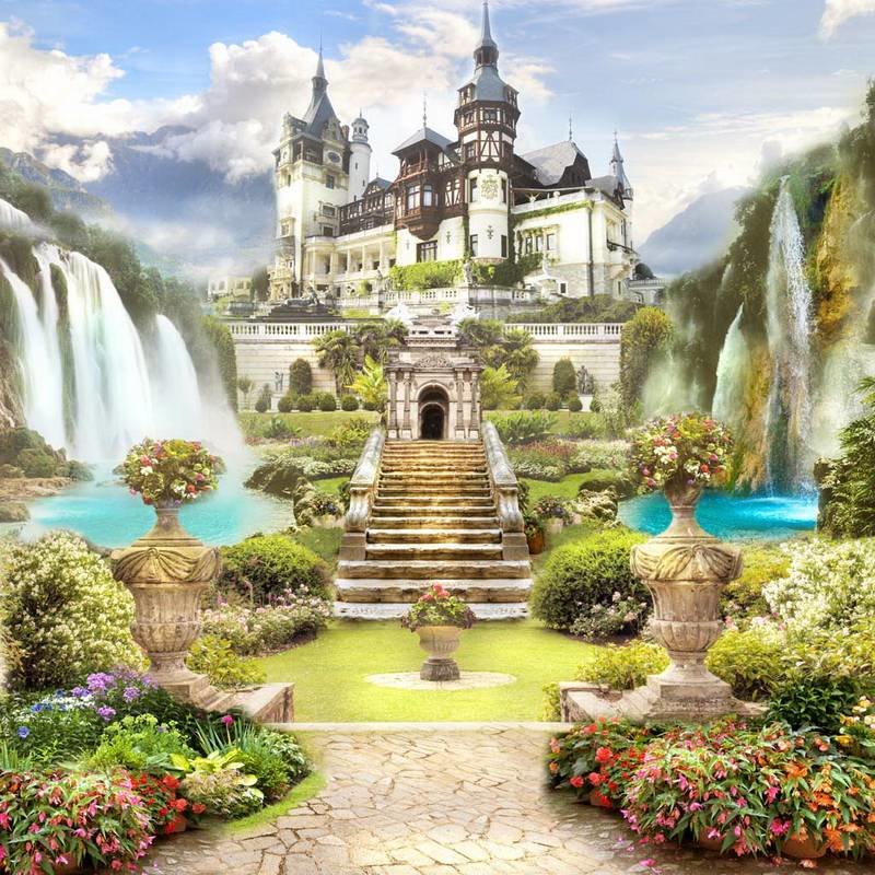 Замок - цветы, замок, природа, пейзаж, водопад - оригинал