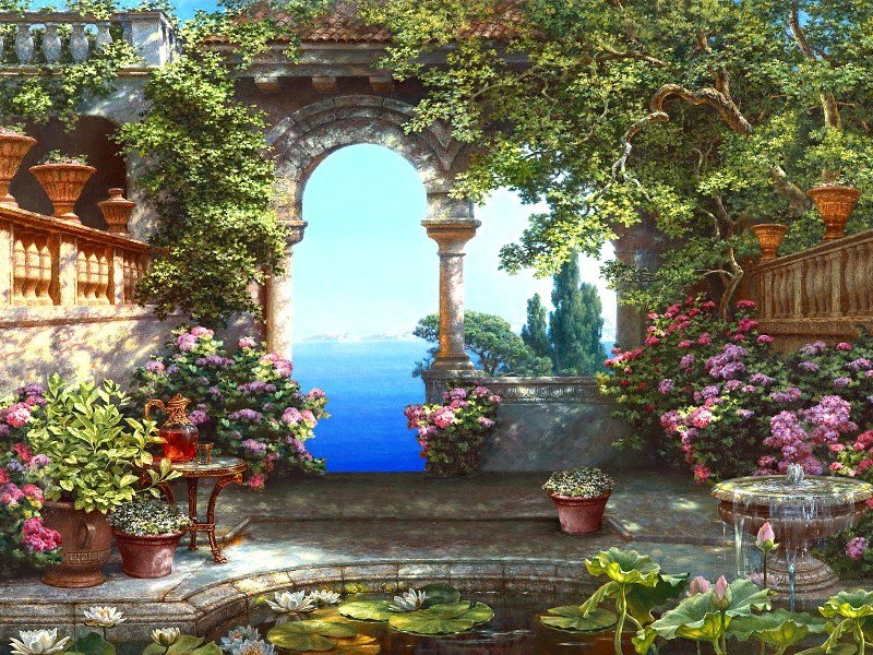 У моря - дворик, море, цветы, пейзаж, арка - оригинал