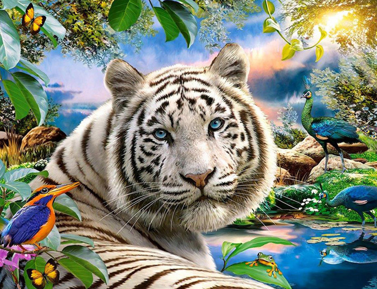 Белый тигр - животные, птицы, рисунок, природа, тигр - оригинал