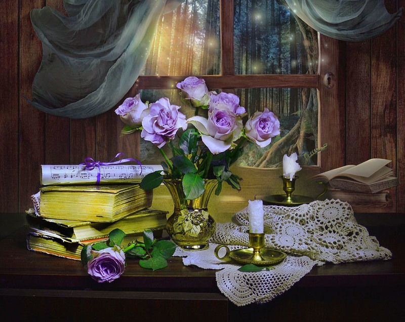 Натюрморт - розы, свечи, окно, книги, букет, ноты, цветы, натюрморт - оригинал