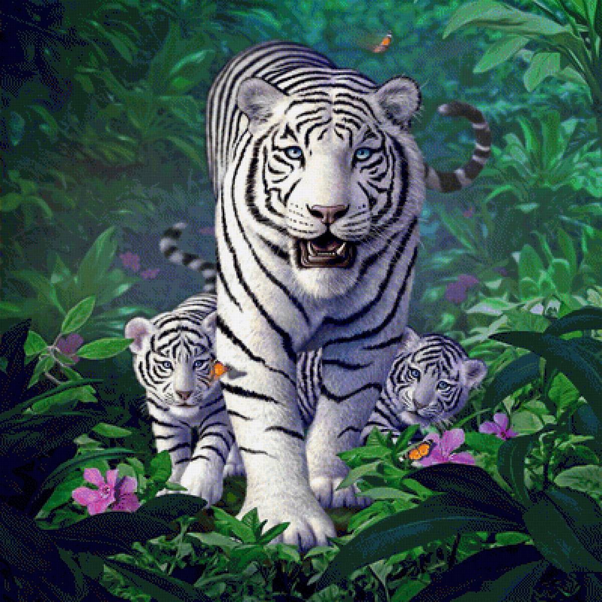 Белые тигры - природа, тигрята, тигры, рисунок, тигрица, животные - предпросмотр