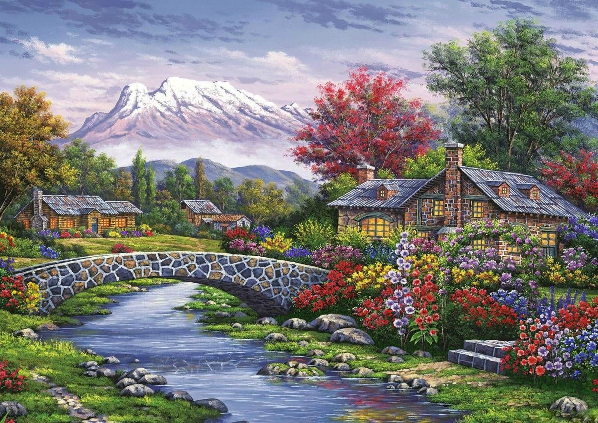 Горный пейзаж - река, мост, домик, горы, цветы - оригинал