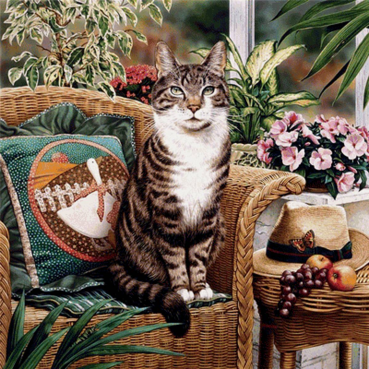 Кошечка на кресле - кошка, яблоки, цветы, виноград, животные, кошечка, рисунок - предпросмотр