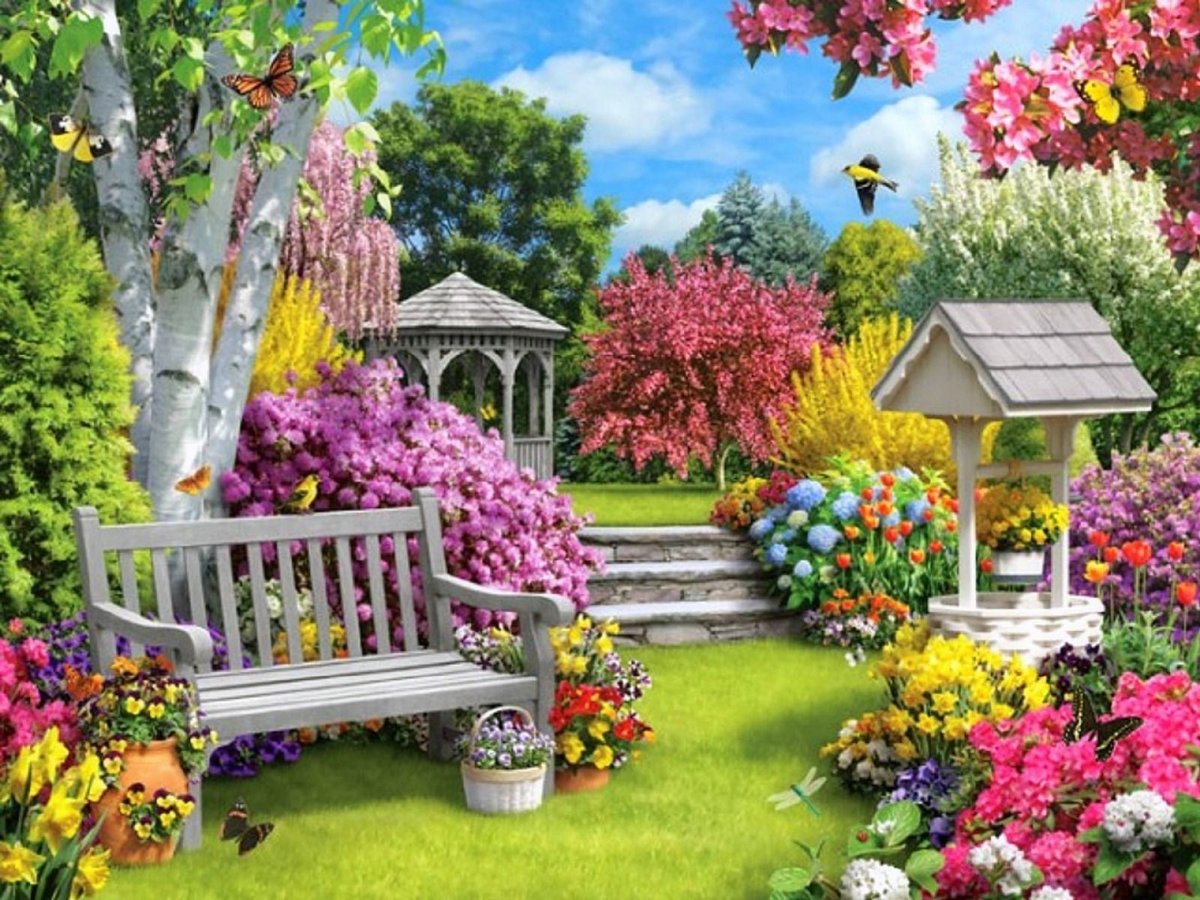 Цветущий сад - беседка, сад, птички, лето, природа, цветы, скамейка, пейзаж - оригинал
