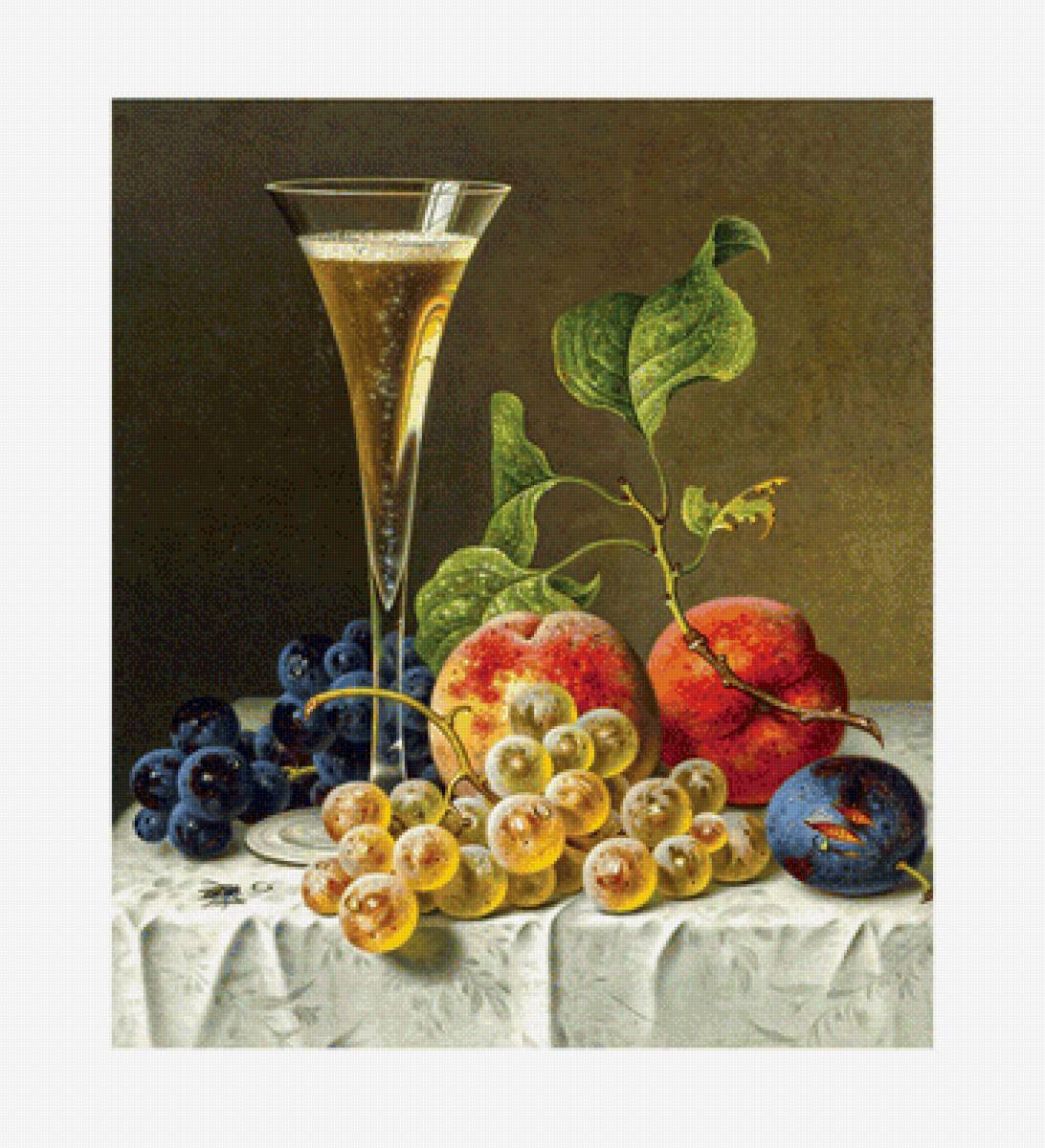 Натюрморт - виноград, персики, вино, бокал - предпросмотр