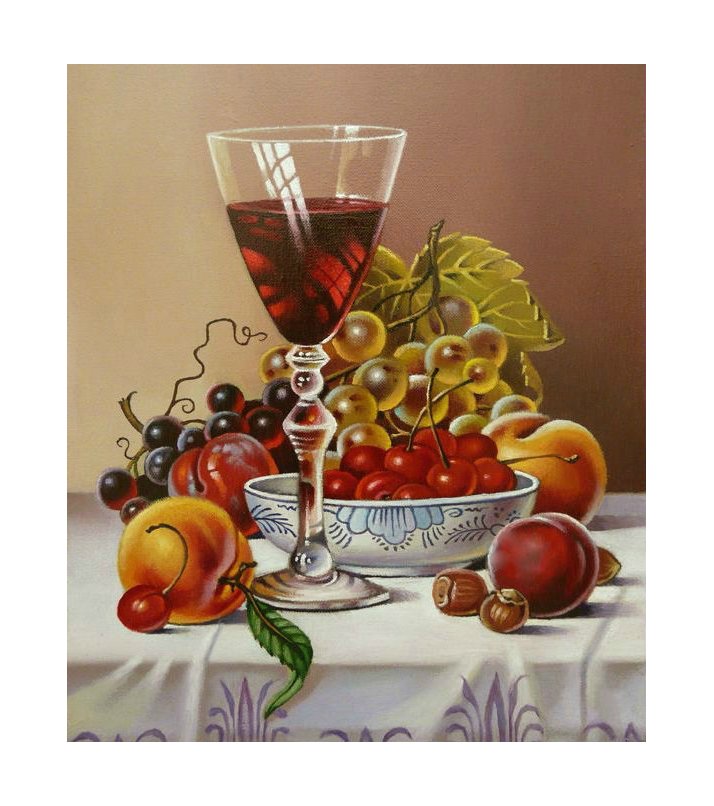 Натюрморт - черешня, виноград, вино, персики, бокал - оригинал