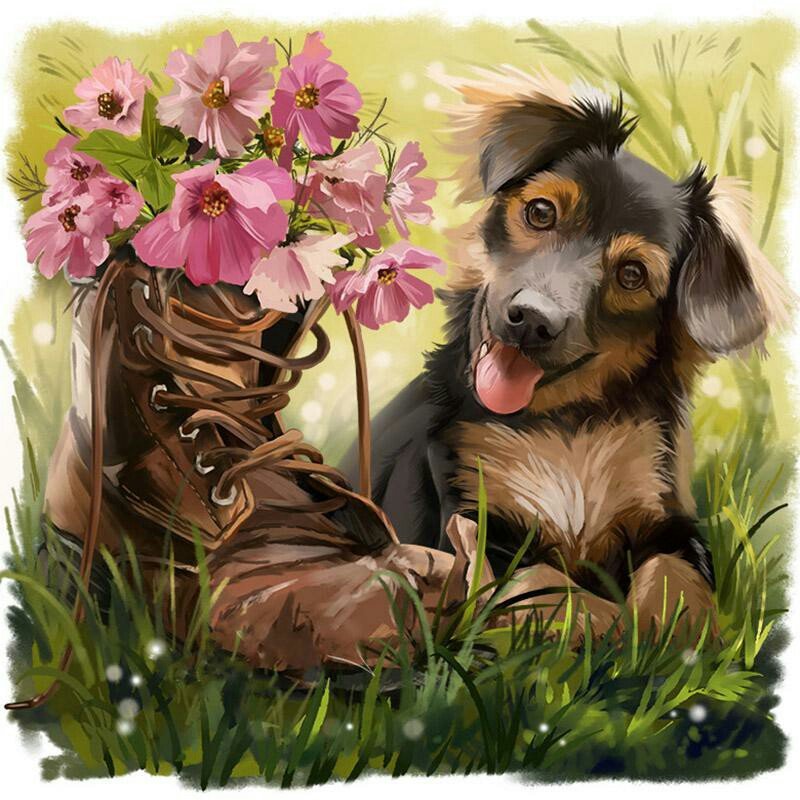 Собачка и цветы - собака, животные, цветы, лето, рисунок, собачка - оригинал